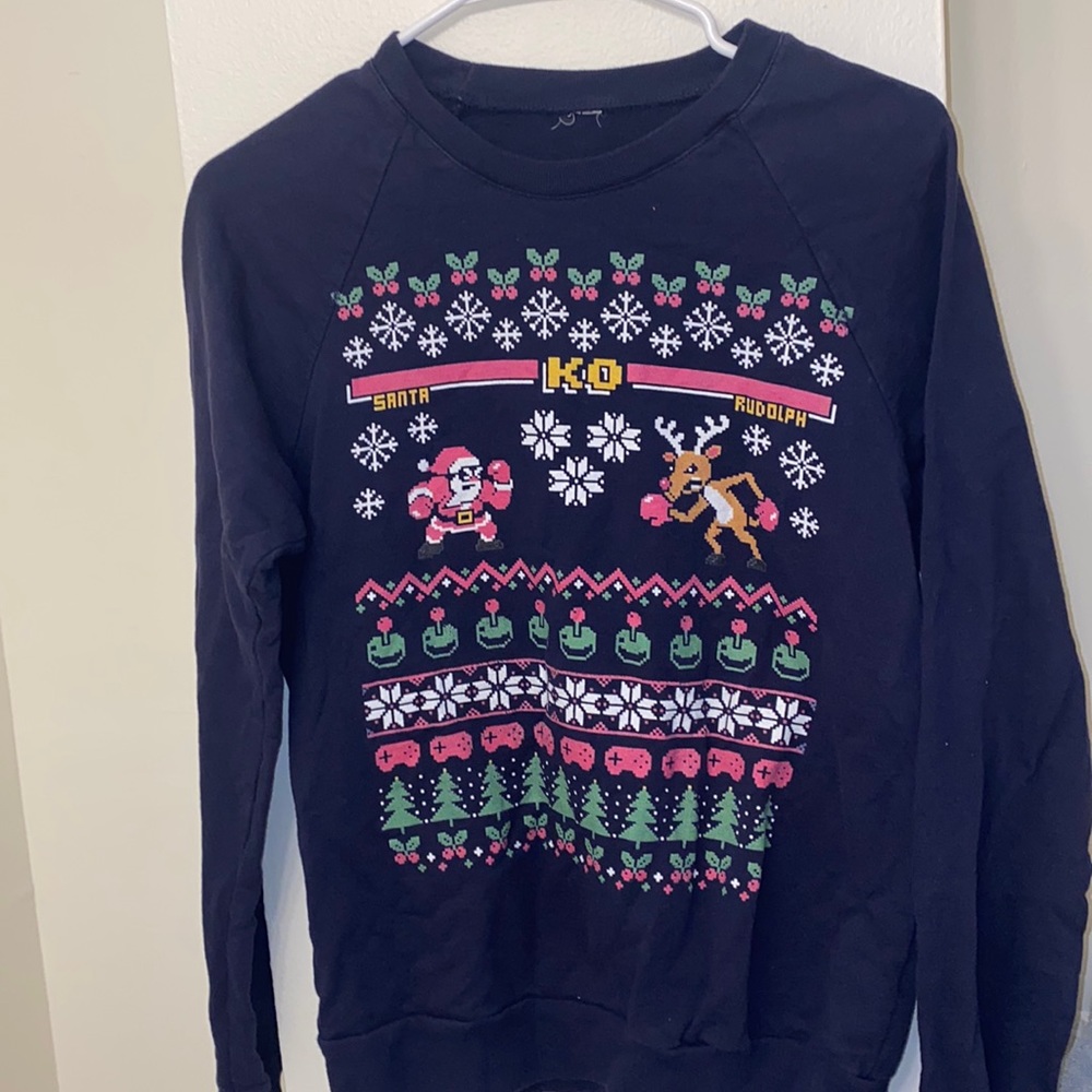 Classic Holiday Christmas Charity Ugly Sweater Santa vs Rudolph KO Video Games
